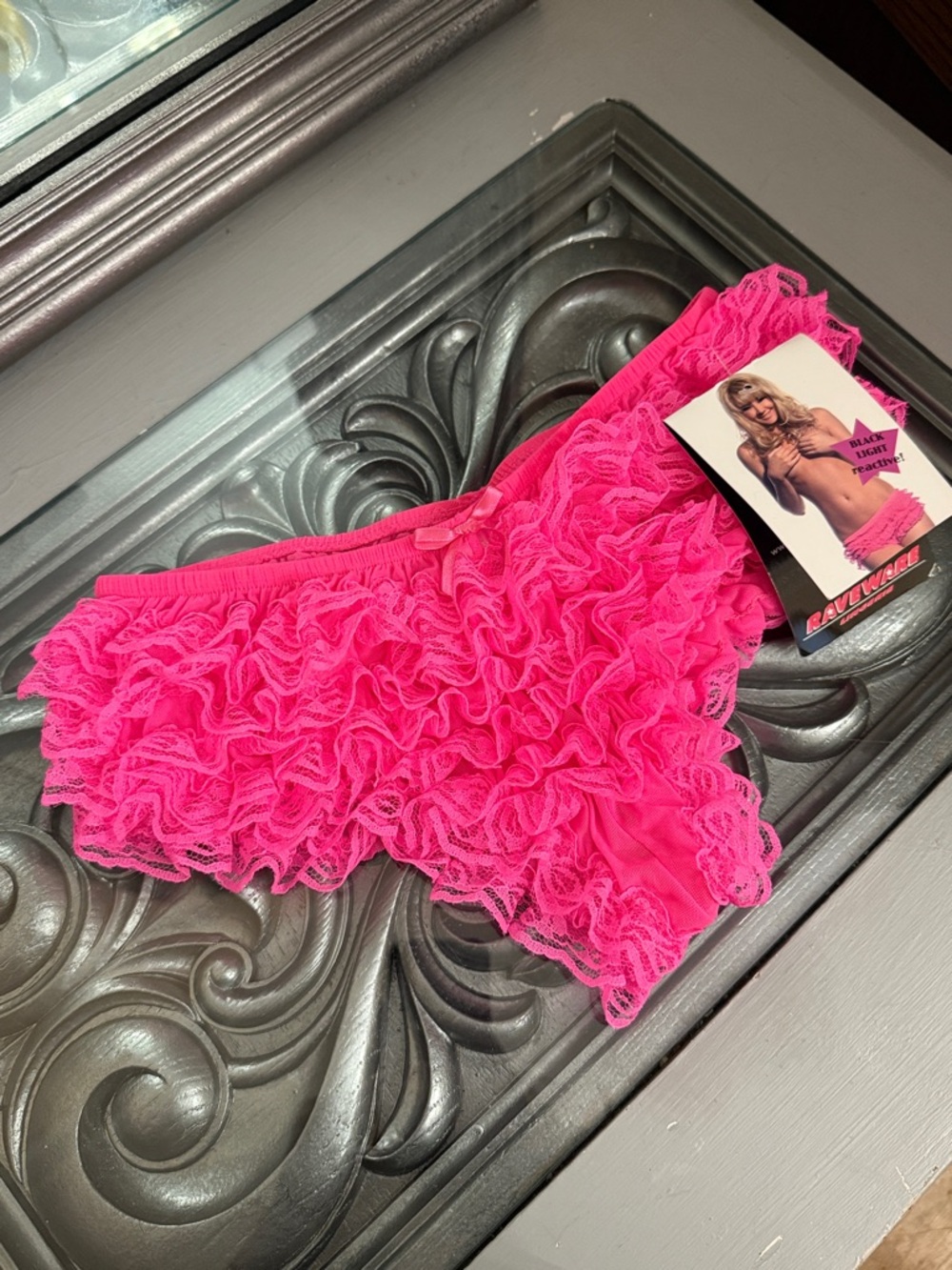 RAVEWARE Large Ruffle Lace Boyshort Panty Neon Hot Pink Black Light Reactive